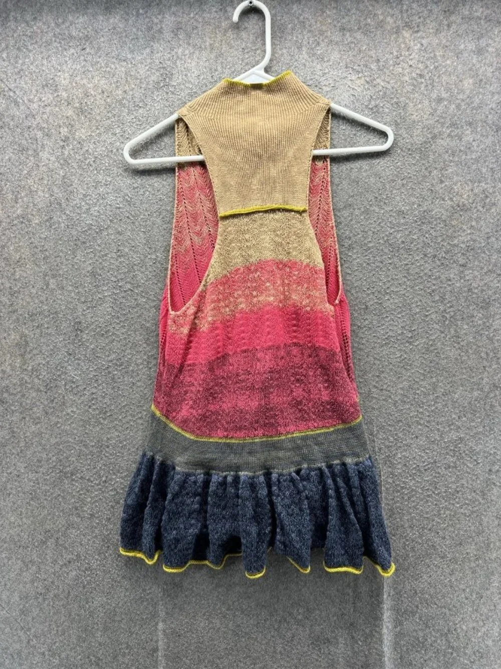 Free People Sweater Vest Womens XS Multicolor V Neck Ruffle Hem Open Knit Boho